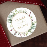 Botanical Greenery Christmas Holiday Gold Classic Round Sticker<br><div class="desc">This sticker features painted watercolor eucalyptus,  green leaves,  red berries,  and a faux gold circle frame. For more advanced customisation of this design,  please click the "Customise further" link.  Matching items are also available.</div>