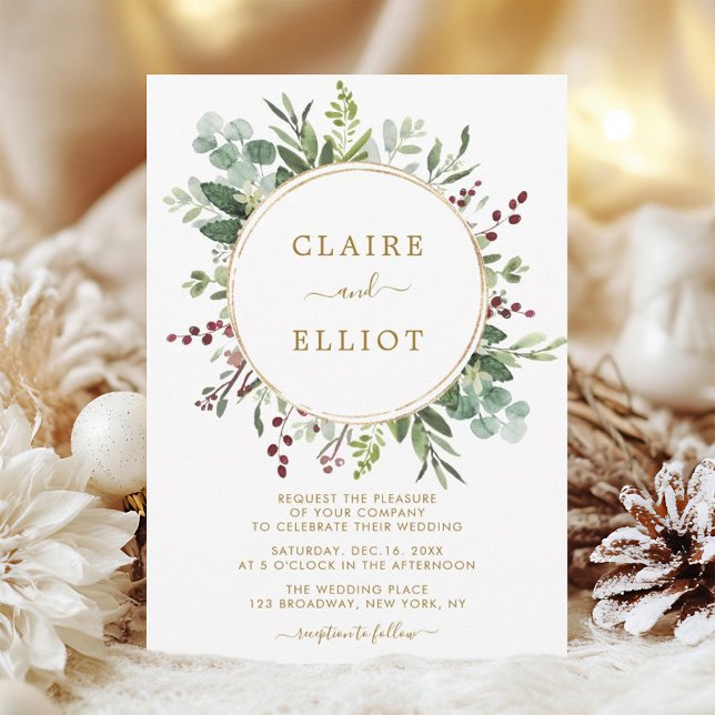 Botanical Greenery Christmas Holiday Gold Wedding  Invitation (Creator Uploaded)