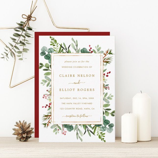 Botanical Greenery Christmas Holiday Gold Wedding Invitation (Creator Uploaded)