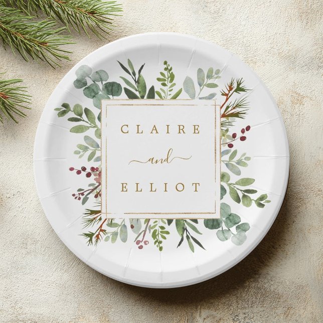 Botanical Greenery Christmas Holiday Gold Wedding Paper Plate (Creator Uploaded)