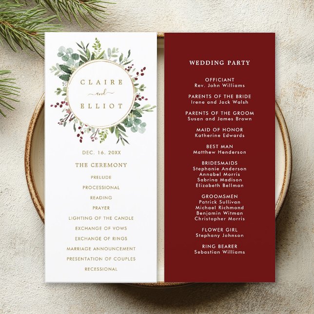 Botanical Greenery Christmas Holiday Gold Wedding Program (Front & Back)