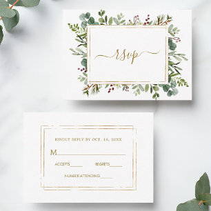 Botanical Greenery Christmas Holiday Gold Wedding RSVP Card