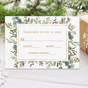 Botanical Greenery Christmas Holiday Gold Wedding RSVP Card