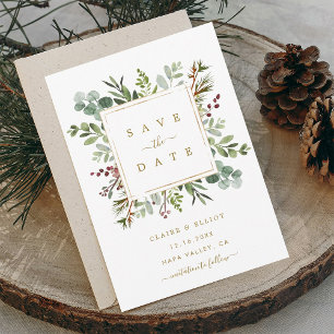 Botanical Greenery Christmas Holiday Gold Wedding  Save The Date