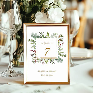 Botanical Greenery Christmas Holiday Gold Wedding Table Number
