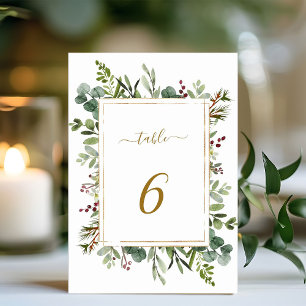 Botanical Greenery Christmas Holiday Gold Wedding Table Number