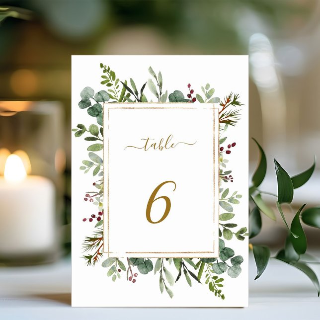 Botanical Greenery Christmas Holiday Gold Wedding Table Number (Creator Uploaded)