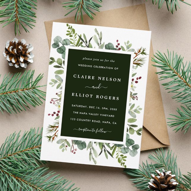 Botanical Greenery Christmas Holiday Green Wedding Invitation (Creator Uploaded)