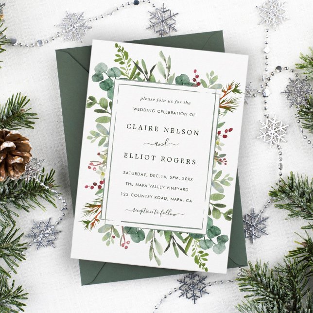 Botanical Greenery Christmas Holiday Green Wedding Invitation (Creator Uploaded)