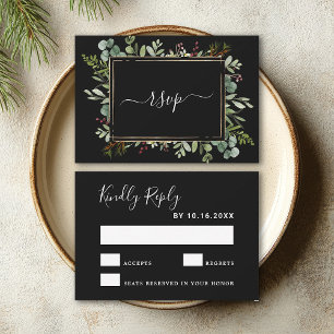 Botanical Greenery Christmas Holiday Wedding Black RSVP Card