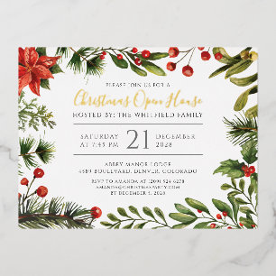 Botanical Greenery Christmas Open House Gold Foil Holiday Postcard