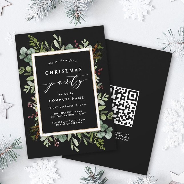 Botanical Greenery Christmas Party with QR Code Invitation (Front & Back)