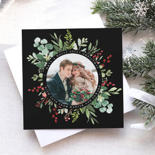 Botanical Greenery Christmas Photo Square Black Holiday Card