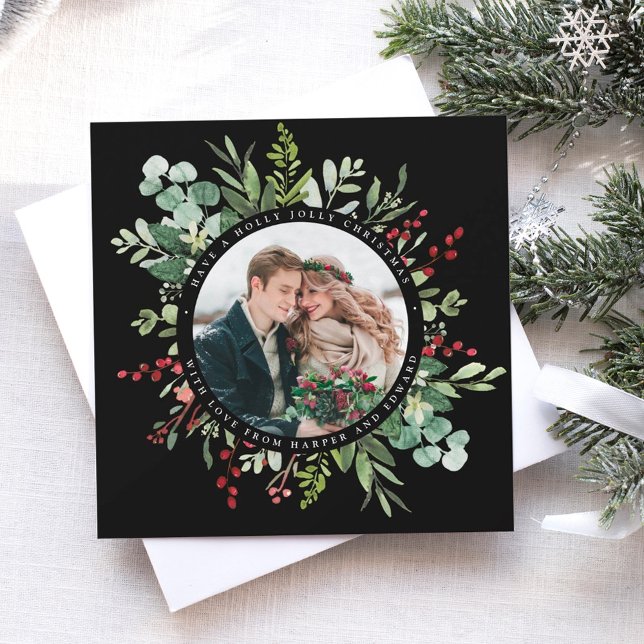 Botanical Greenery Christmas Photo Square Black Holiday Card (Creator Uploaded)