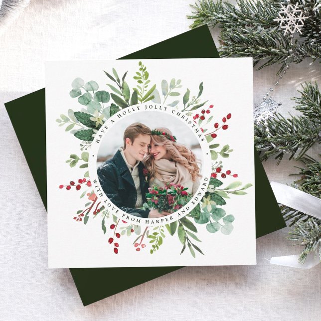 Botanical Greenery Christmas Photo Square Holiday Card (Creator Uploaded)