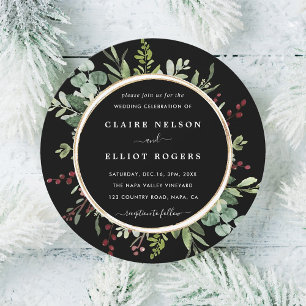 Botanical Greenery Christmas Wedding Black Circle Invitation