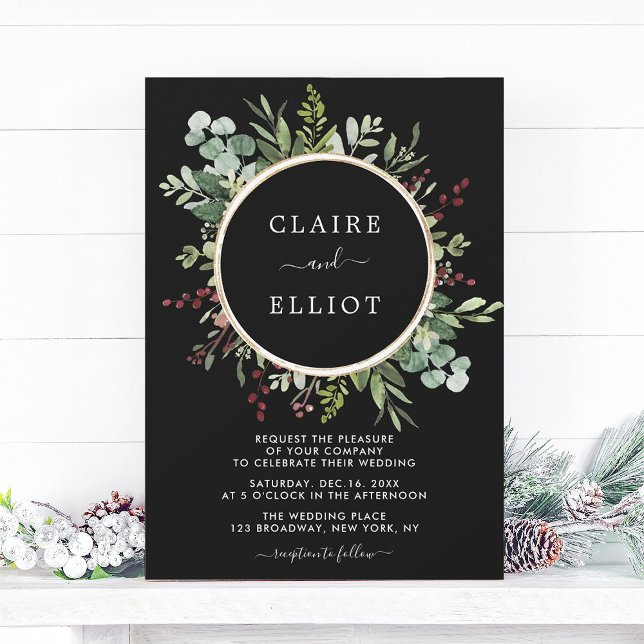 Botanical Greenery Christmas Wedding Black Invitation (Creator Uploaded)