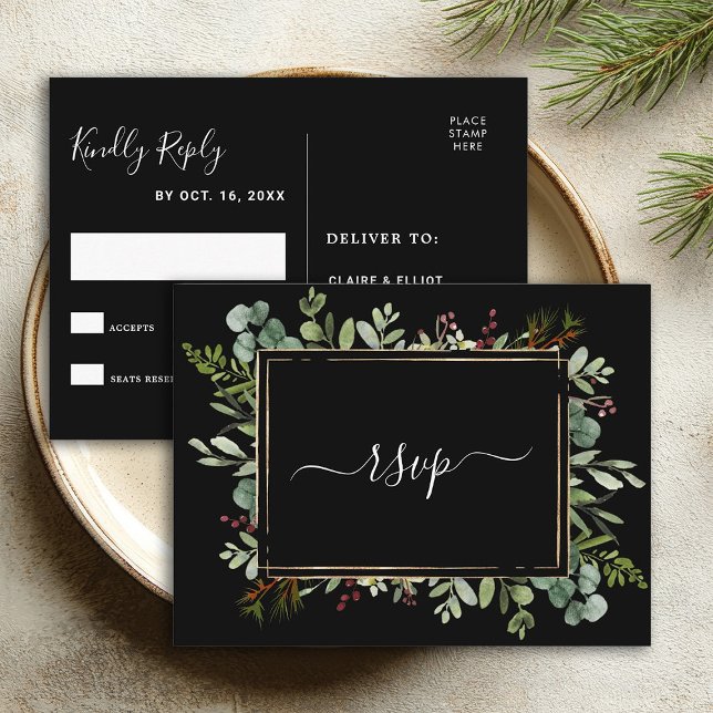 Botanical Greenery Christmas Wedding Black RSVP Invitation Postcard (Front & Back)