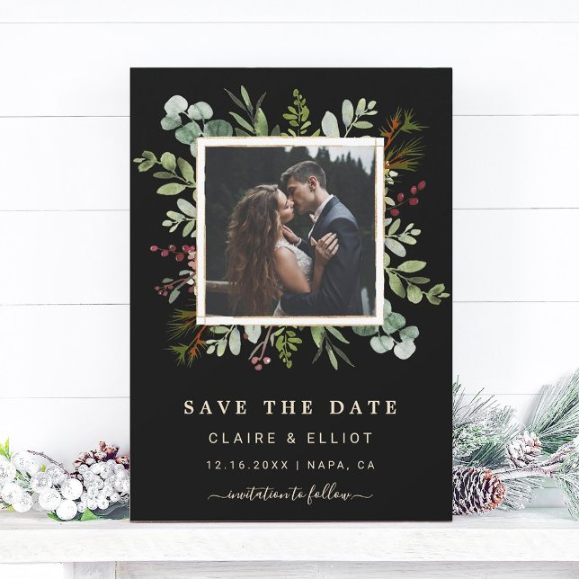 Botanical Greenery Christmas Wedding Photo Black Save The Date (Creator Uploaded)