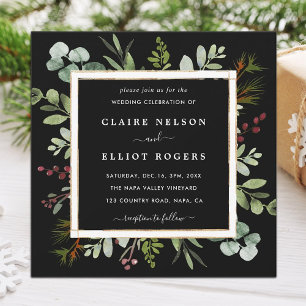 Botanical Greenery Christmas Wedding Square Black Invitation