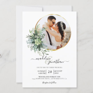 Botanical Greenery Circle Border 2 Photo Wedding Invitation