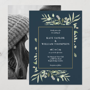 Botanical Greenery Deep Sea Blue Photo Wedding Invitation