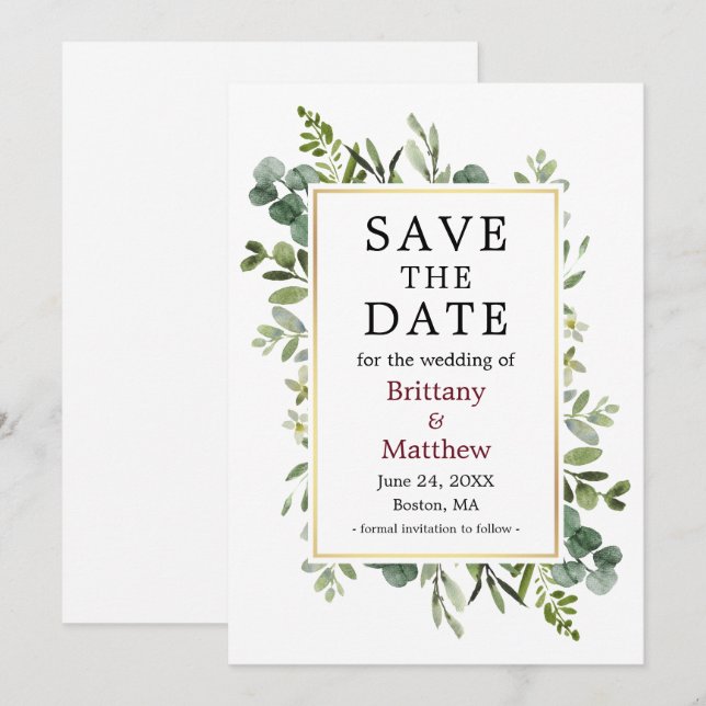 Botanical Greenery Eucalyptus Burgundy Save The Date (Front/Back)