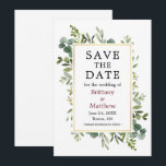 Botanical Greenery Eucalyptus Burgundy Save The Date<br><div class="desc">Modern Elegant Watercolor Botanical Greenery Save The Date Card includes eucalyptus leaves and botanical greenery foliage on a gold frame. Burgundy Names.</div>