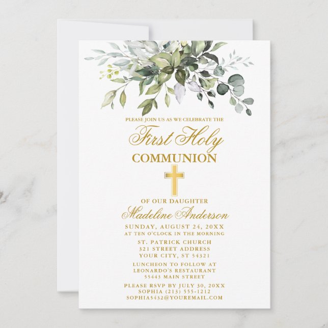 Botanical Greenery First Communion Gold Invitation (Front)