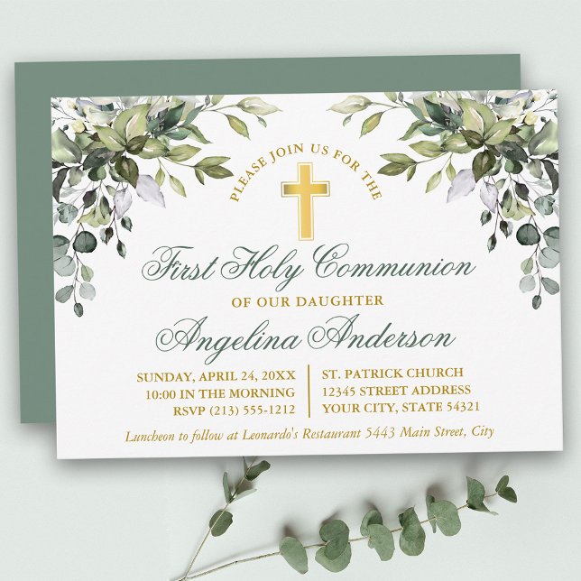 Botanical Greenery First Communion Sage Green Invitation (Customize to change text size, style or color of back of card.)