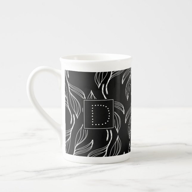 Botanical Greenery Floral Black and White Monogram Bone China Mug (Left)