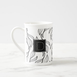 Botanical Greenery Floral Black and White Monogram Bone China Mug