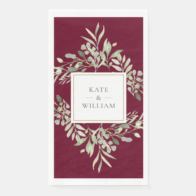 Botanical Greenery Floral Burgundy Red Wedding Napkin (Front)