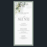 Botanical Greenery Floral Watercolor Wedding Menu<br><div class="desc">Create the perfect reception setting with this trendy 4"x 9" menu design featuring a floral bouquet of dusty blue, sage green, and eucalyptus botanical greenery, and is bordered in a soft grey green. Personalise your details accented with beautiful modern hand lettered calligraphy in soft off-black. Perfect for, but not limited...</div>