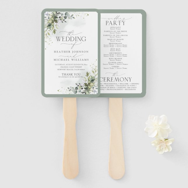 Botanical Greenery Floral Wedding Program Hand Fan (Front and Back)