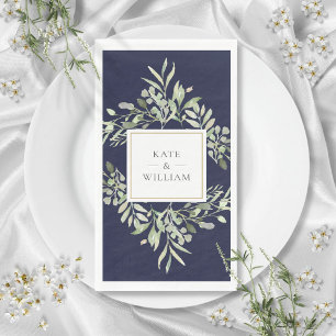 Botanical Greenery Foliage Navy Blue Wedding Napkin