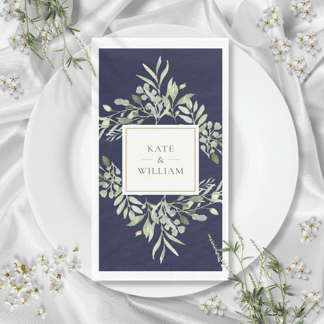 Botanical Greenery Foliage Navy Blue Wedding Napkin (Botanical Greenery Foliage Navy Blue Wedding Paper Guest Towels)