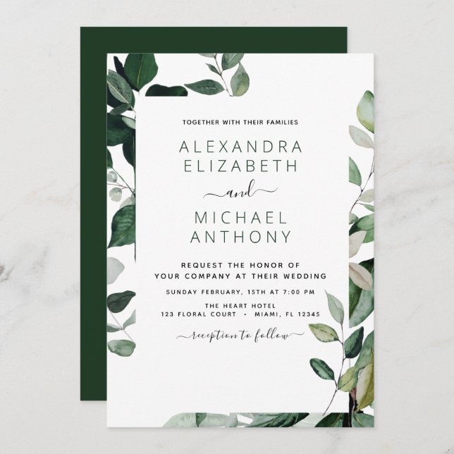 Botanical Greenery Foliage Watercolor Wedding Invitation (Front/Back)