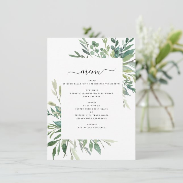 Botanical Greenery Foliage Watercolor Wedding Menu (Standing Front)