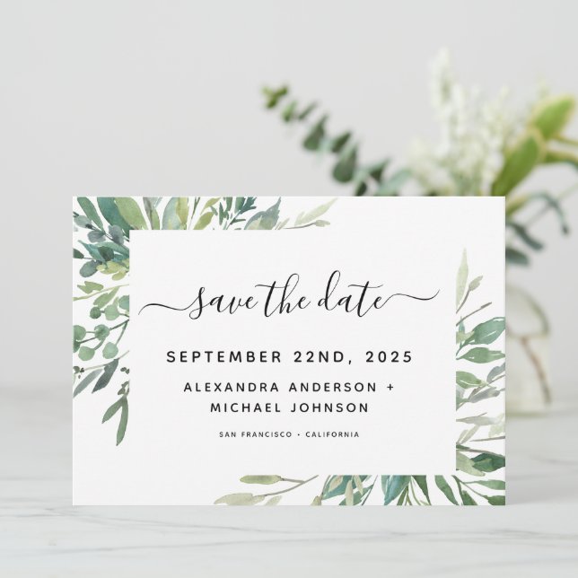 Botanical Greenery Foliage Watercolor Wedding Save Save The Date (Standing Front)