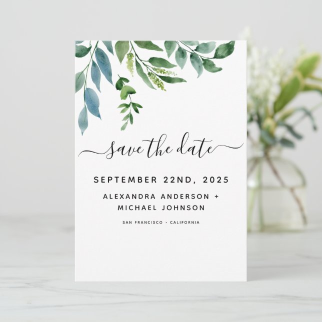 Botanical Greenery Foliage Watercolor Wedding Save The Date (Standing Front)
