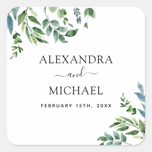 Botanical Greenery Foliage Watercolor Wedding Square Sticker (Front)
