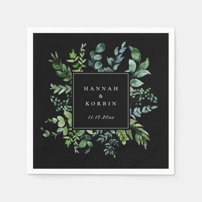 Botanical Greenery Frame Black Wedding Napkin (Front)
