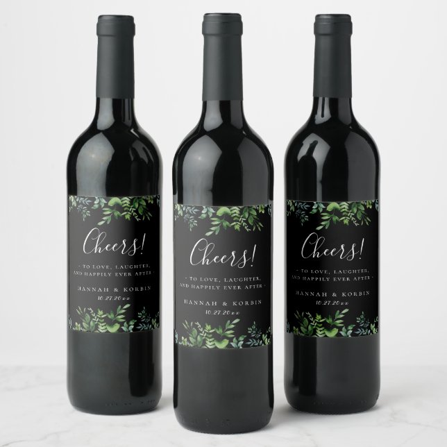 Botanical Greenery Frame Black Wedding Wine Label (Bottles)