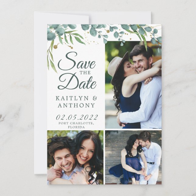 Botanical Greenery Gold 7 Photo Save The Date (Front)