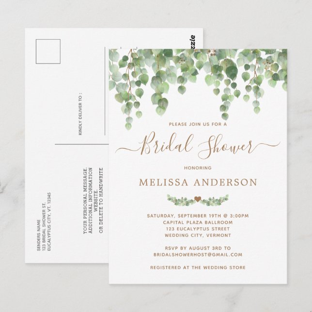 Botanical Greenery Gold Bridal Shower Invitation Postcard (Front/Back)