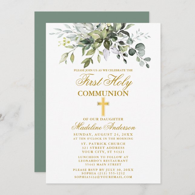 Botanical Greenery Gold First Communion Invitation (Front/Back)