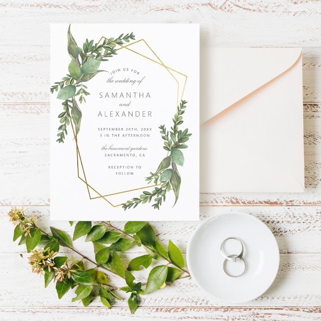 Botanical Greenery & Gold Geometric Wedding Invitation Postcard (Creator Uploaded)