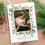 Botanical Greenery Gold Married and Merry Photo Holiday Card<br><div class="desc">This Christmas | Holiday photo card features painted watercolor eucalyptus,  green leaves,  red berries,  pine branches,  and a faux gold rectangle frame with simple calligraphy. For more advanced customisation of this design,  please click the "Customise further" link. Matching items are also available.</div>