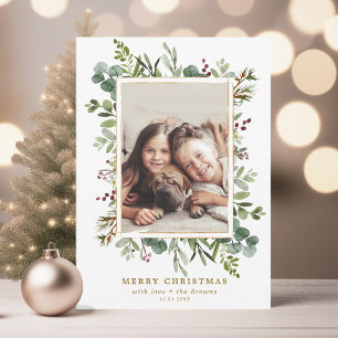 Botanical Greenery Gold Merry Christmas Photo Holi Holiday Card